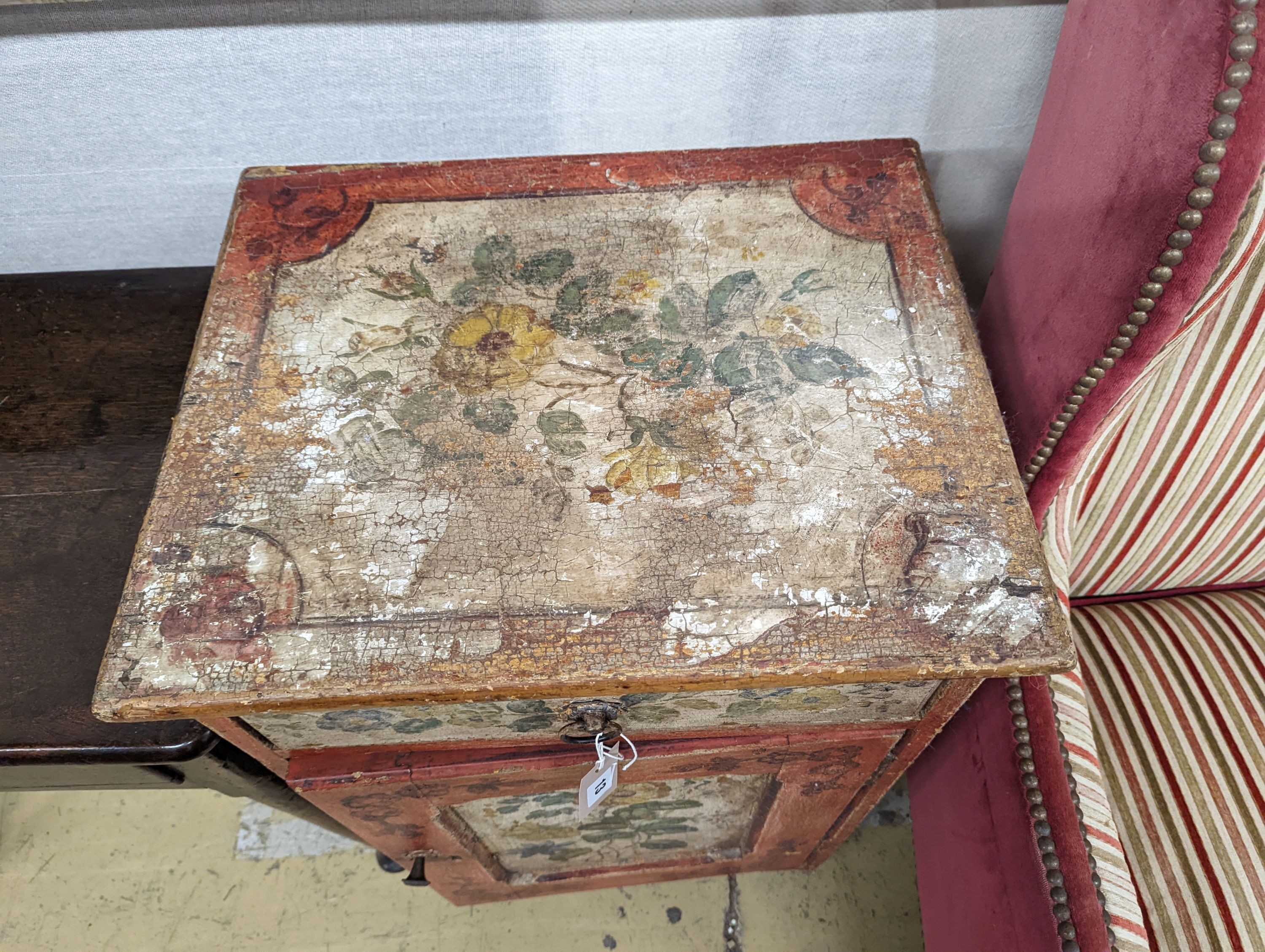 A Swiss floral painted cabinet, width 51cm, depth 42cm, height 80cm